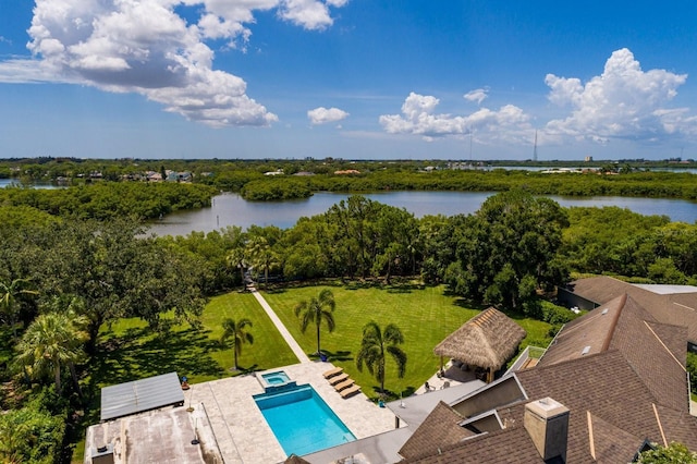 bird's eye view with a water view