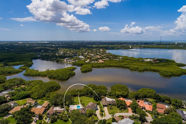 drone / aerial view with a water view