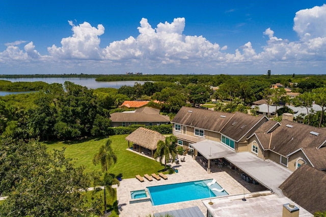 bird's eye view with a water view