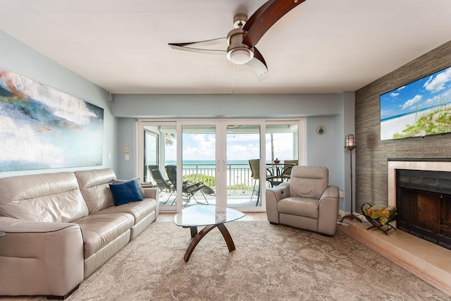 living room featuring ceiling fan