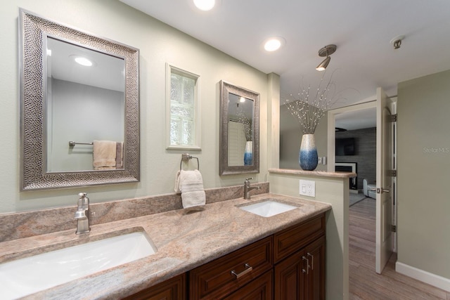 bathroom featuring a fireplace, vanity, and hardwood / wood-style flooring