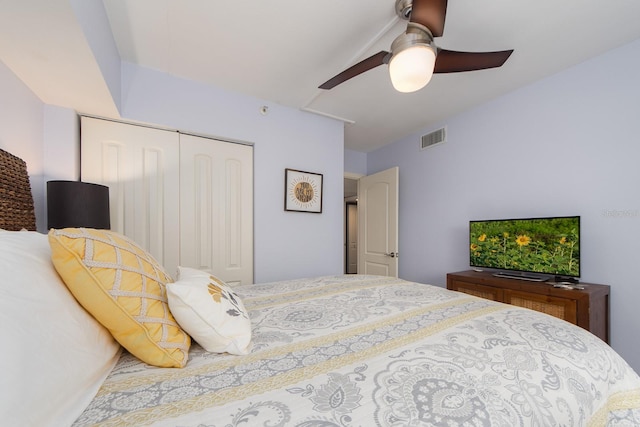 bedroom with ceiling fan and a closet