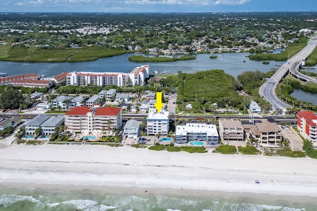 drone / aerial view featuring a water view