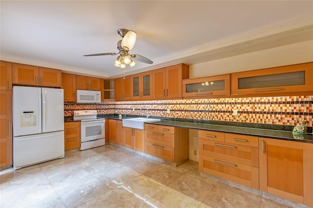 kitchen featuring white appliances, sink, backsplash, light tile patterned floors, and ceiling fan