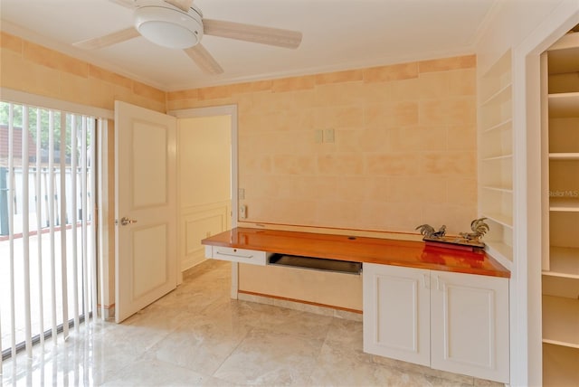 tiled office space featuring ornamental molding, ceiling fan, and tile walls