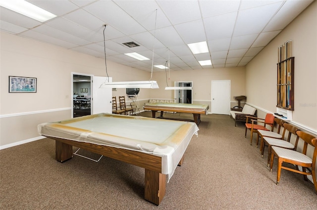 playroom with a drop ceiling, pool table, and carpet