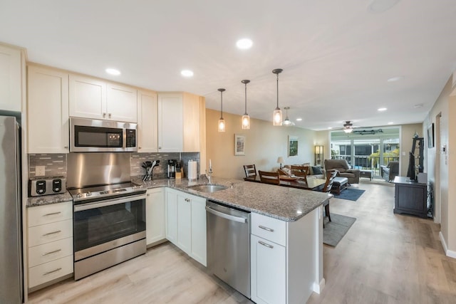 kitchen with stainless steel appliances, light hardwood / wood-style flooring, and kitchen peninsula