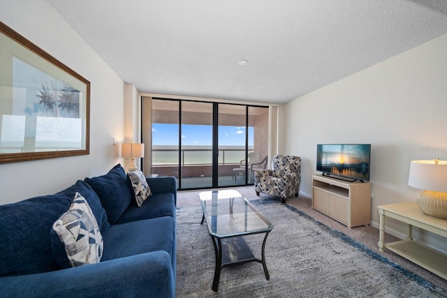 carpeted living room featuring a water view, a textured ceiling, a wealth of natural light, and a wall of windows