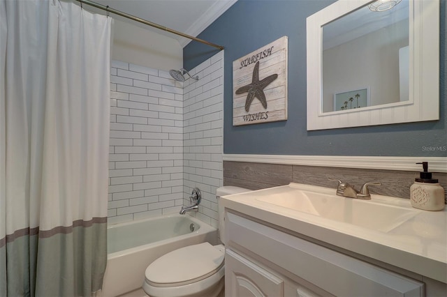 full bathroom with crown molding, shower / bathtub combination with curtain, toilet, and vanity