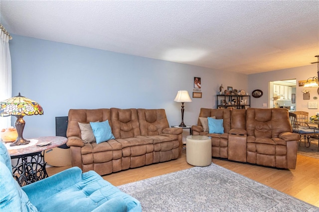 living room with a textured ceiling and light wood-type flooring