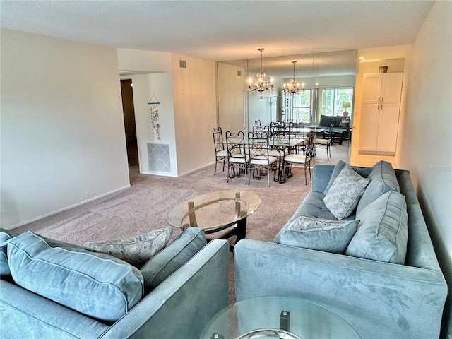 carpeted living room with a notable chandelier