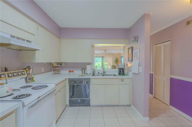 kitchen with dishwasher, sink, electric range, a textured ceiling, and range hood