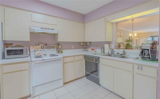 kitchen with stove, sink, black dishwasher, range hood, and a chandelier