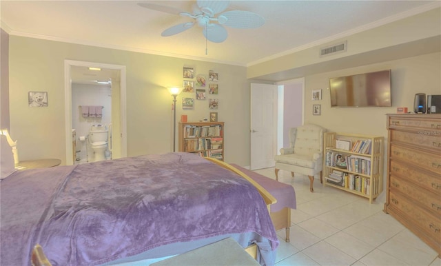 bedroom with ceiling fan, crown molding, light tile patterned flooring, and ensuite bathroom