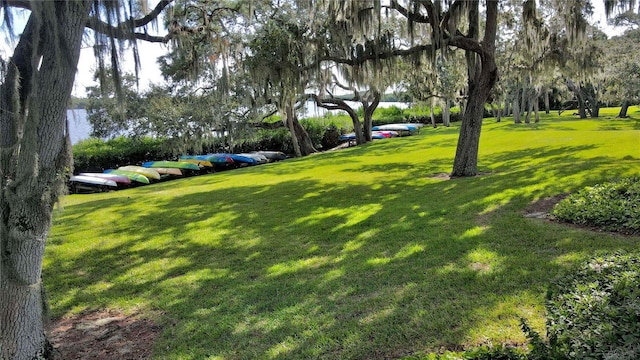 view of community with a lawn and a water view