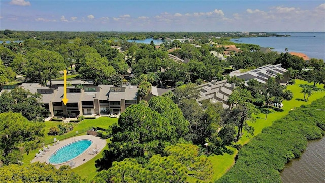 birds eye view of property featuring a water view