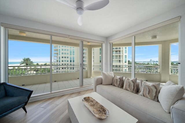 interior space featuring ceiling fan