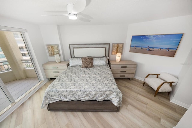 bedroom with light wood-type flooring, ceiling fan, and baseboards