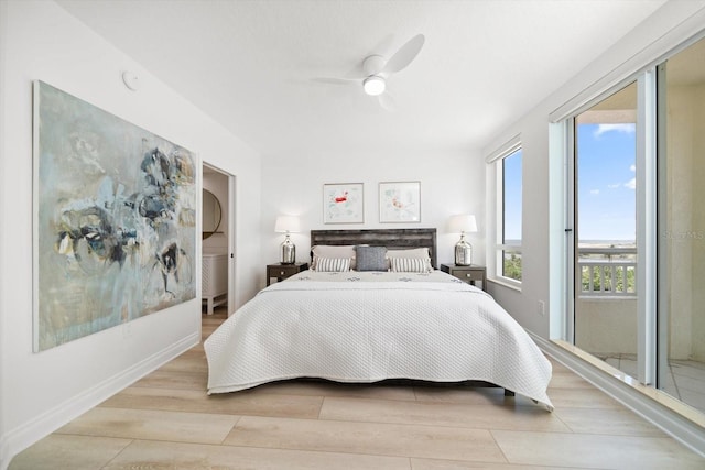 bedroom with light wood finished floors, a ceiling fan, and access to exterior