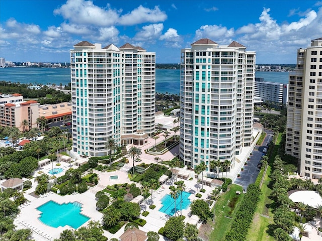 aerial view featuring a water view