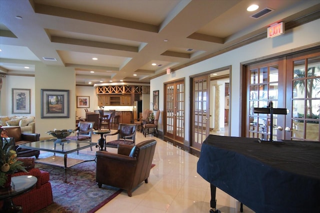 interior space featuring recessed lighting, visible vents, coffered ceiling, and french doors