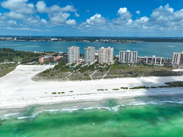 drone / aerial view featuring a water view and a city view