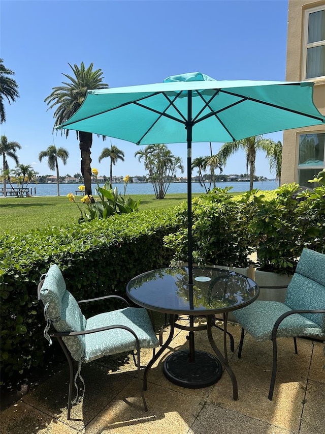 view of patio with a water view