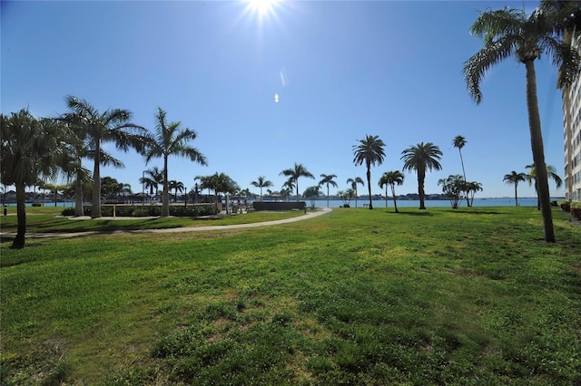 view of property's community featuring a yard and a water view