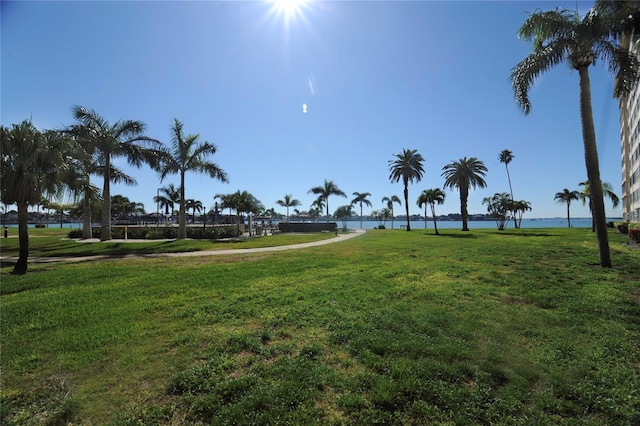 view of home's community with a lawn and a water view