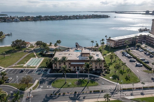 drone / aerial view with a water view