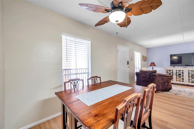 dining room featuring ceiling fan, light hardwood / wood-style floors, and a healthy amount of sunlight