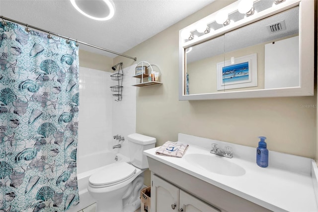 full bathroom featuring vanity, toilet, a textured ceiling, and shower / bathtub combination with curtain