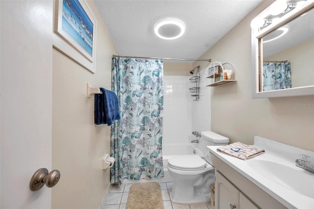 full bathroom with toilet, tile patterned flooring, vanity, a textured ceiling, and shower / bath combo