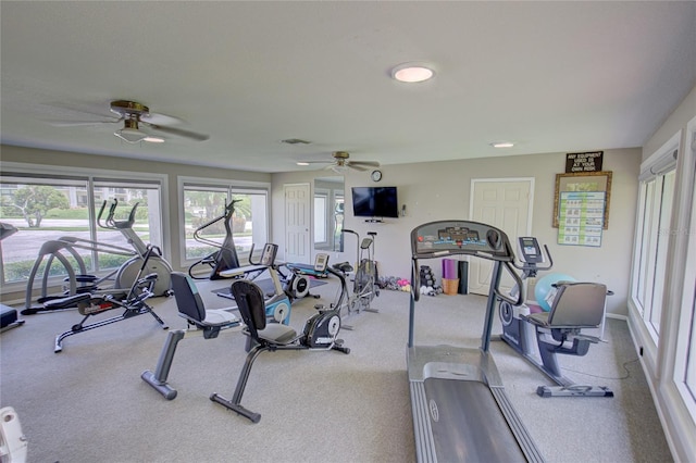 exercise room featuring ceiling fan