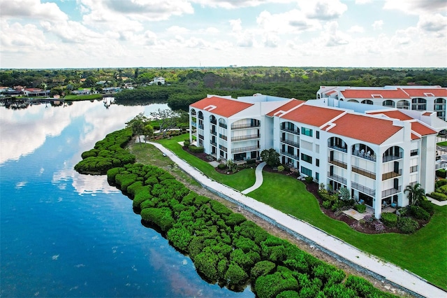 drone / aerial view with a water view