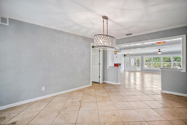 unfurnished dining area featuring ceiling fan and crown molding