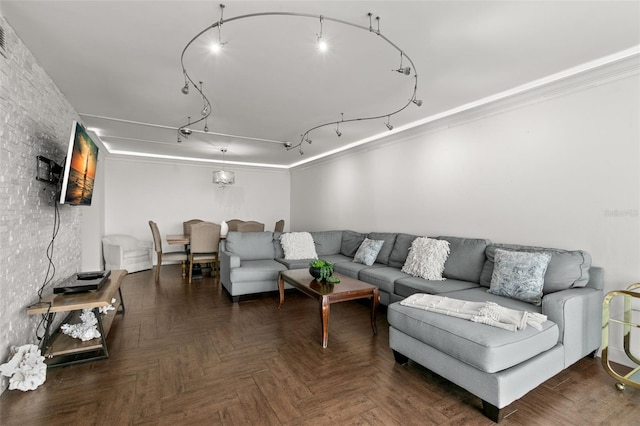 living room featuring ornamental molding and dark parquet floors