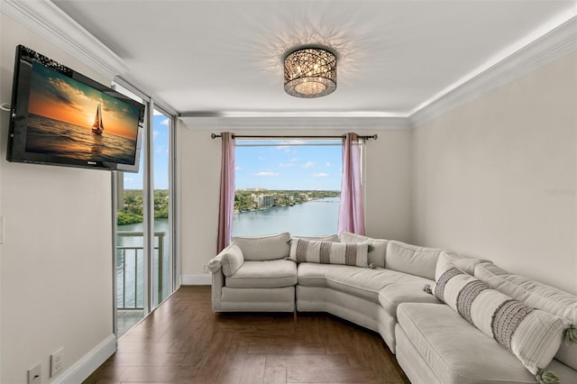 living room with a water view, ornamental molding, and dark parquet floors