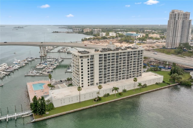 drone / aerial view with a water view