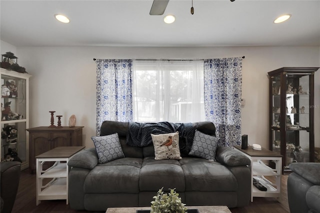 living room featuring ceiling fan and dark hardwood / wood-style flooring