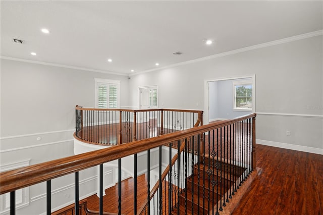 hallway featuring dark wood-type flooring and ornamental molding