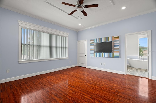 unfurnished living room featuring crown molding, hardwood / wood-style floors, and ceiling fan