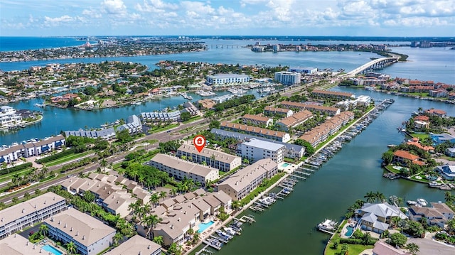 bird's eye view with a water view