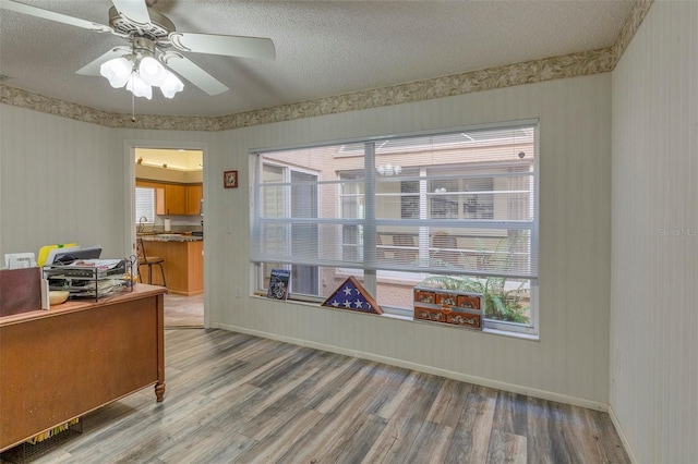 office area featuring ceiling fan, hardwood / wood-style floors, and a textured ceiling