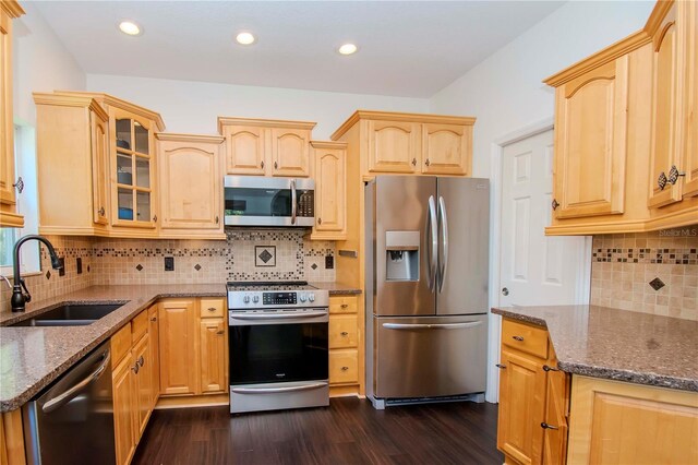 kitchen featuring sink, backsplash, dark hardwood / wood-style floors, and stainless steel appliances