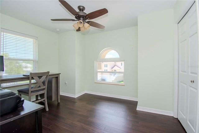 office featuring a healthy amount of sunlight, dark hardwood / wood-style flooring, and ceiling fan