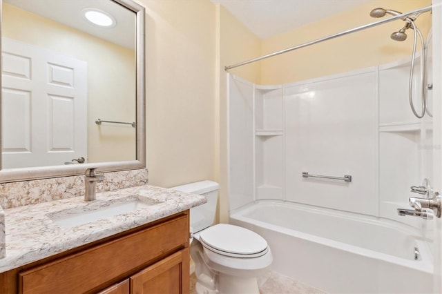 full bathroom featuring vanity, tile patterned flooring, toilet, and shower / bathtub combination