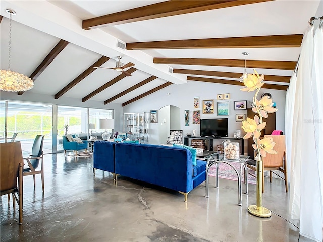 living room with lofted ceiling with beams, ceiling fan, and concrete floors