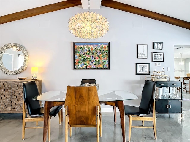 dining area with concrete flooring, lofted ceiling with beams, and a notable chandelier