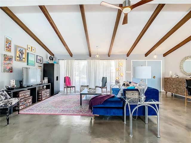 living room with concrete floors, lofted ceiling with beams, and ceiling fan